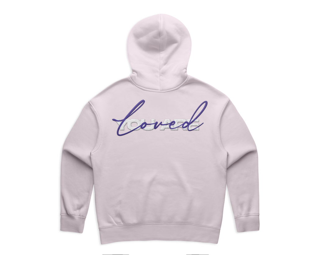 DMROZE 2.0 WOMEN'S HOODIES light lavender pullover hoodie with cursive embroidered word loved on the back