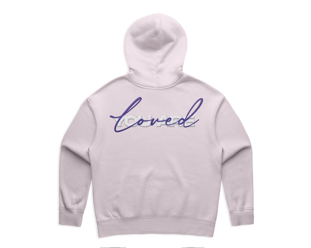 DMROZE 2.0 WOMEN'S HOODIES light lavender pullover hoodie with cursive embroidered word loved on the back