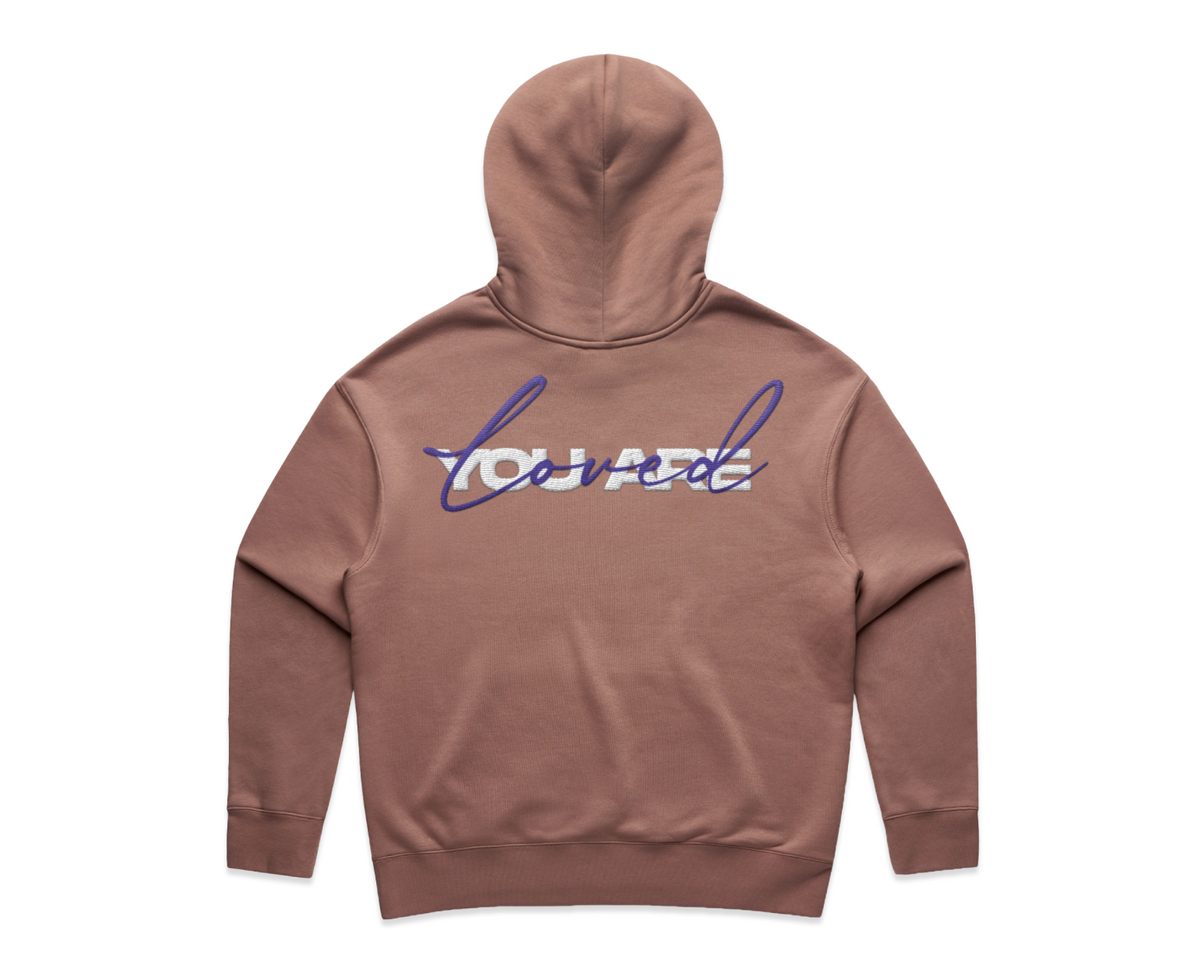 DMROZE 2.0 WOMEN'S HOODIES in muted pink fleece with embroidered text design on the back, relaxed fit with ribbed cuffs