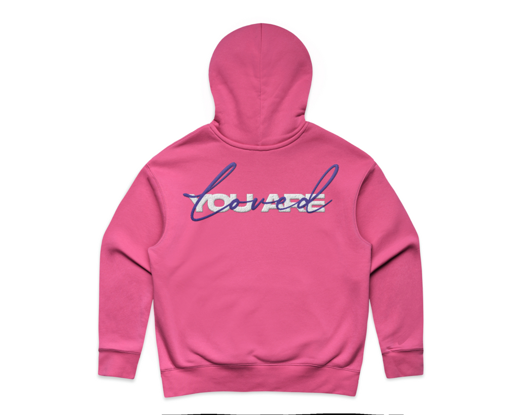 DMROZE 2.0 WOMEN'S HOODIES pink mid weight cotton blend relaxed fit pullover with embroidered graphic on back