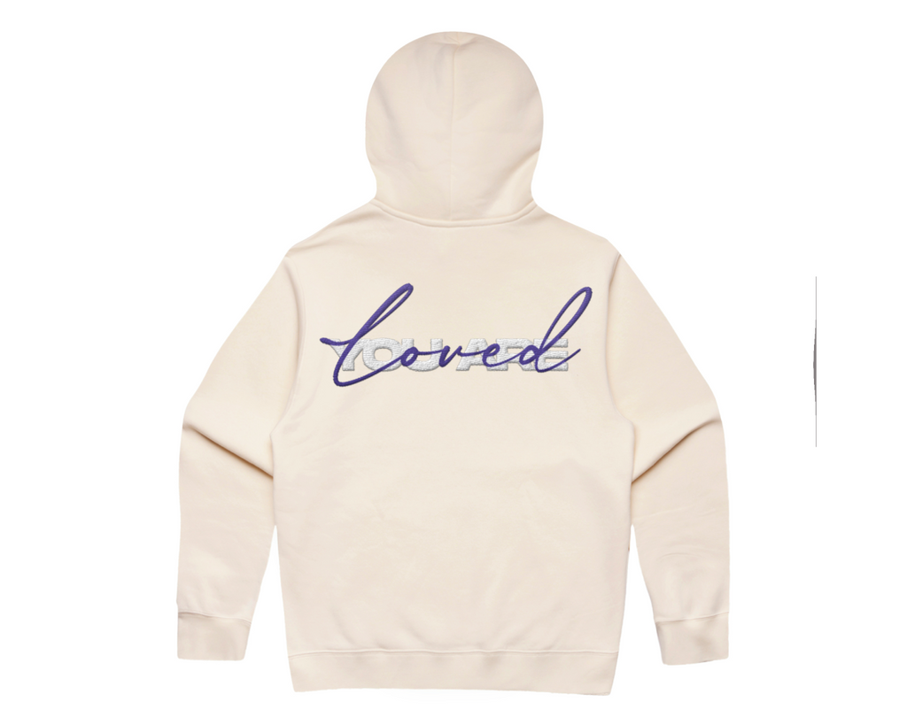 DMROZE 2.0 WOMEN'S HOODIES cream pullover hoodie with relaxed fit, embroidered 'loved' text on back, ribbed cuffs