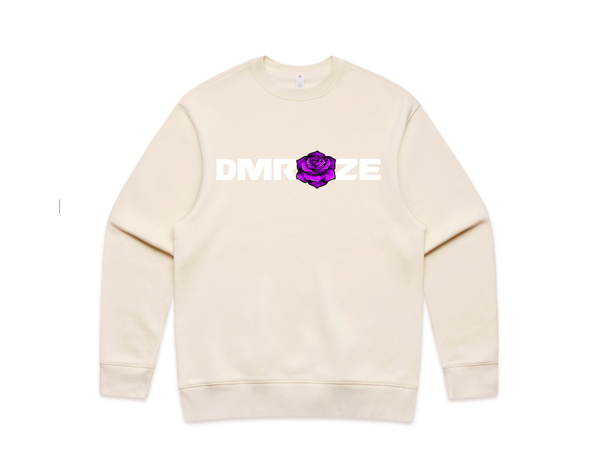 DMROZE LIGHT COLOURED MEN'S light beige cotton crew neck sweatshirt with purple rose graphic and white text print on front