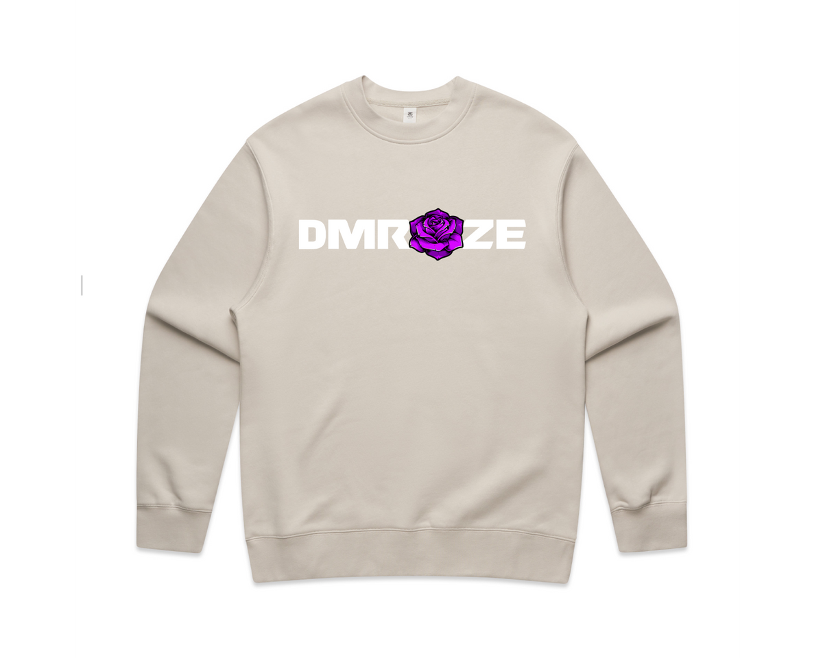 DMROZE LIGHT COLOURED MEN'S light beige cotton fleece crew neck sweatshirt with white bold logo and purple rose print on front