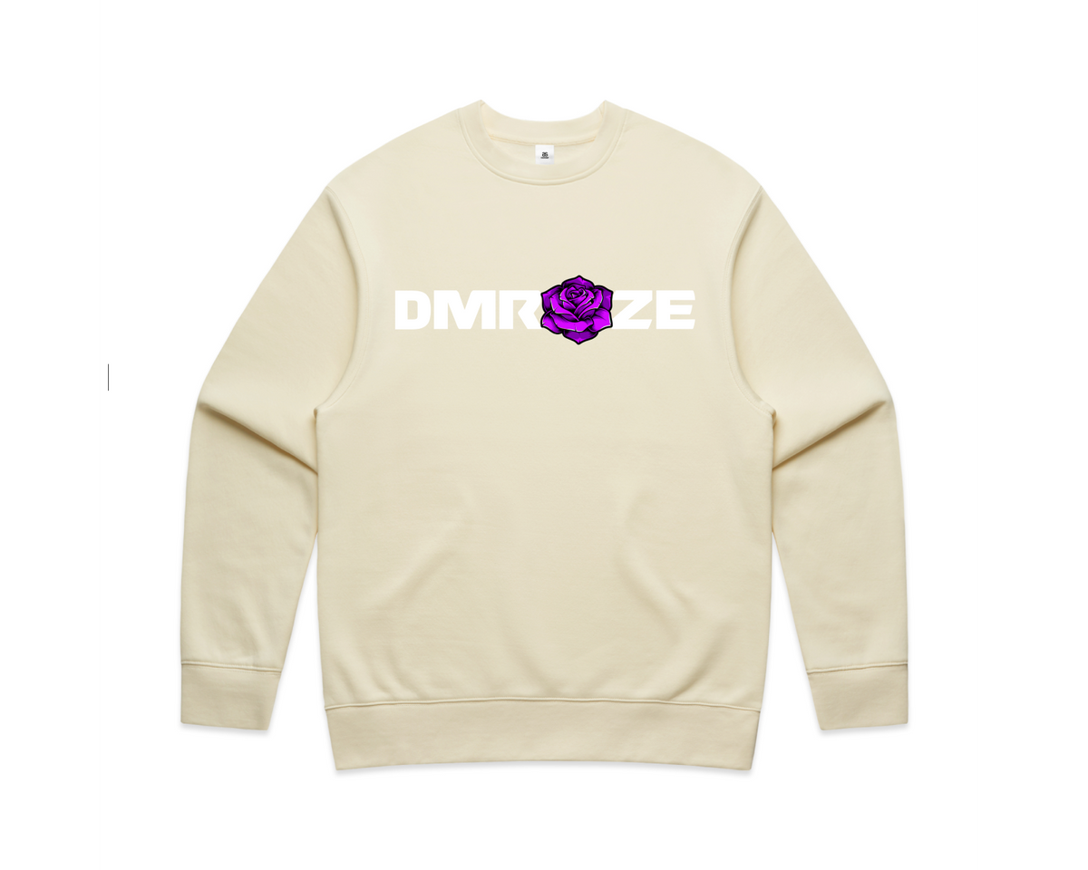 DMROZE LIGHT COLOURED MEN'S cream crew neck sweatshirt with purple rose and white logo print on front, ribbed cuffs and hem