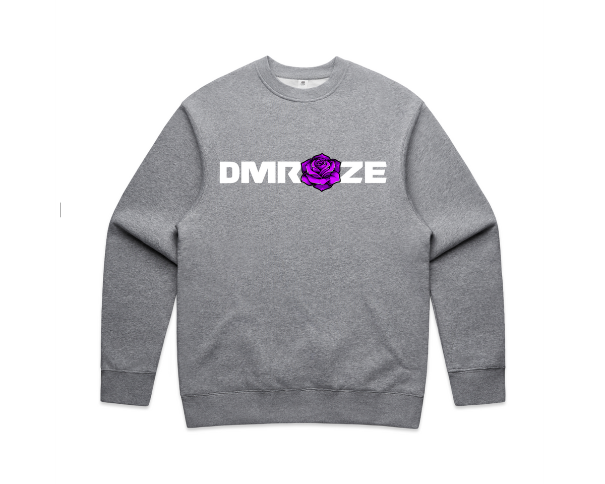 DMROZE LIGHT COLOURED MEN'S grey crew neck sweatshirt with white bold logo and a purple rose graphic printed on front
