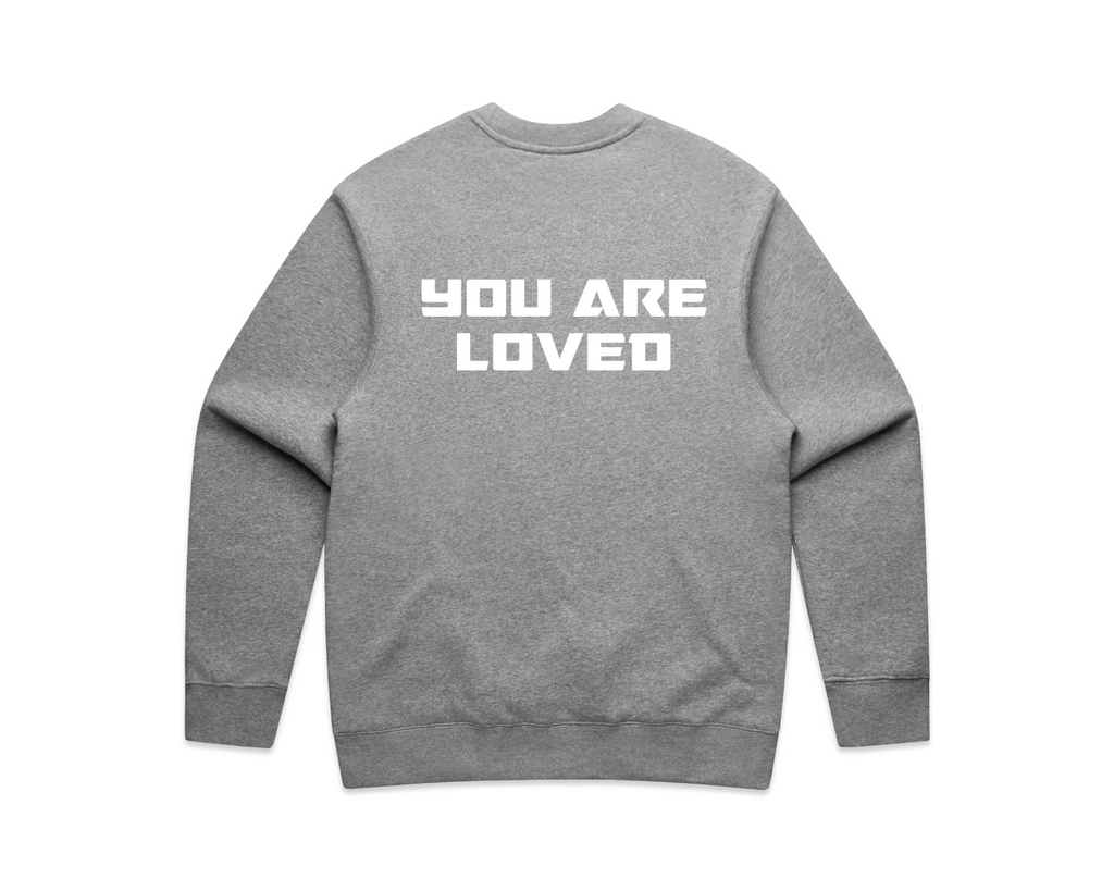 DMROZE LIGHT COLOURED MEN'S grey crew neck sweatshirt with white bold text printed saying You Are Loved on the back