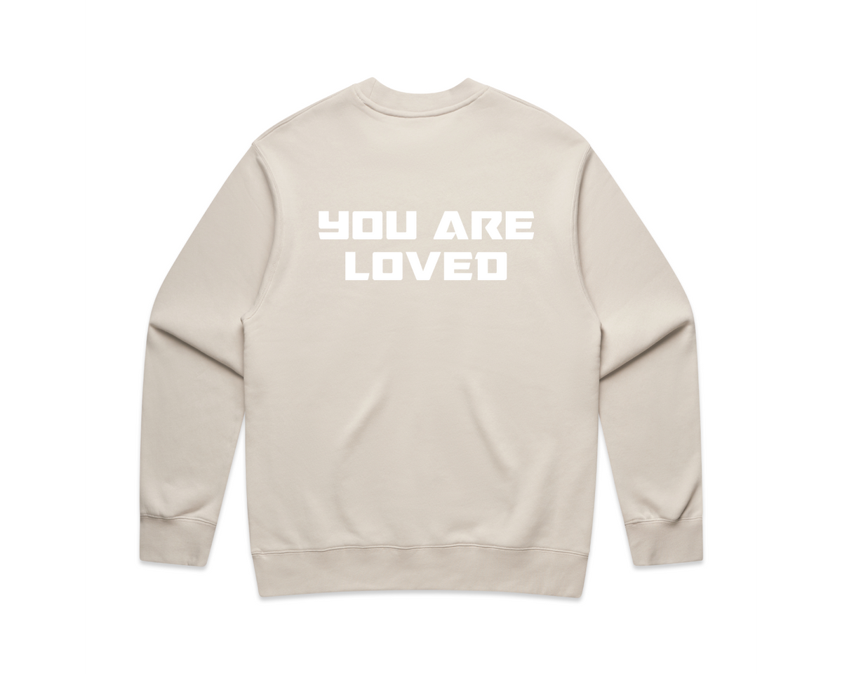 DMROZE LIGHT COLOURED MEN'S light beige cotton blend crew neck sweatshirt with white You Are Loved graphic on back