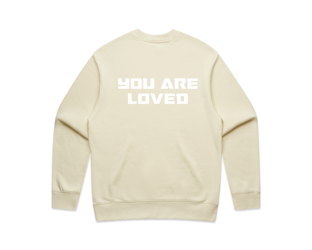 DMROZE LIGHT COLOURED MEN'S light beige crew neck sweater with bold white YOU ARE LOVED print on back