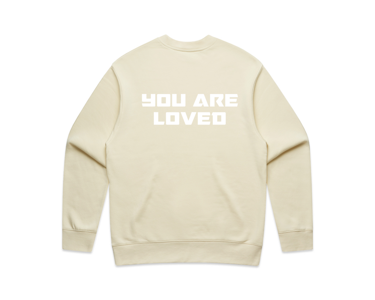 DMROZE LIGHT COLOURED MEN'S light beige crew neck sweater with bold white YOU ARE LOVED print on back