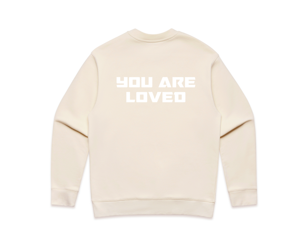 DMROZE LIGHT COLOURED MEN'S light beige crew neck sweatshirt with ribbed cuffs and a bold white printed message 'YOU ARE LOVED' on the back