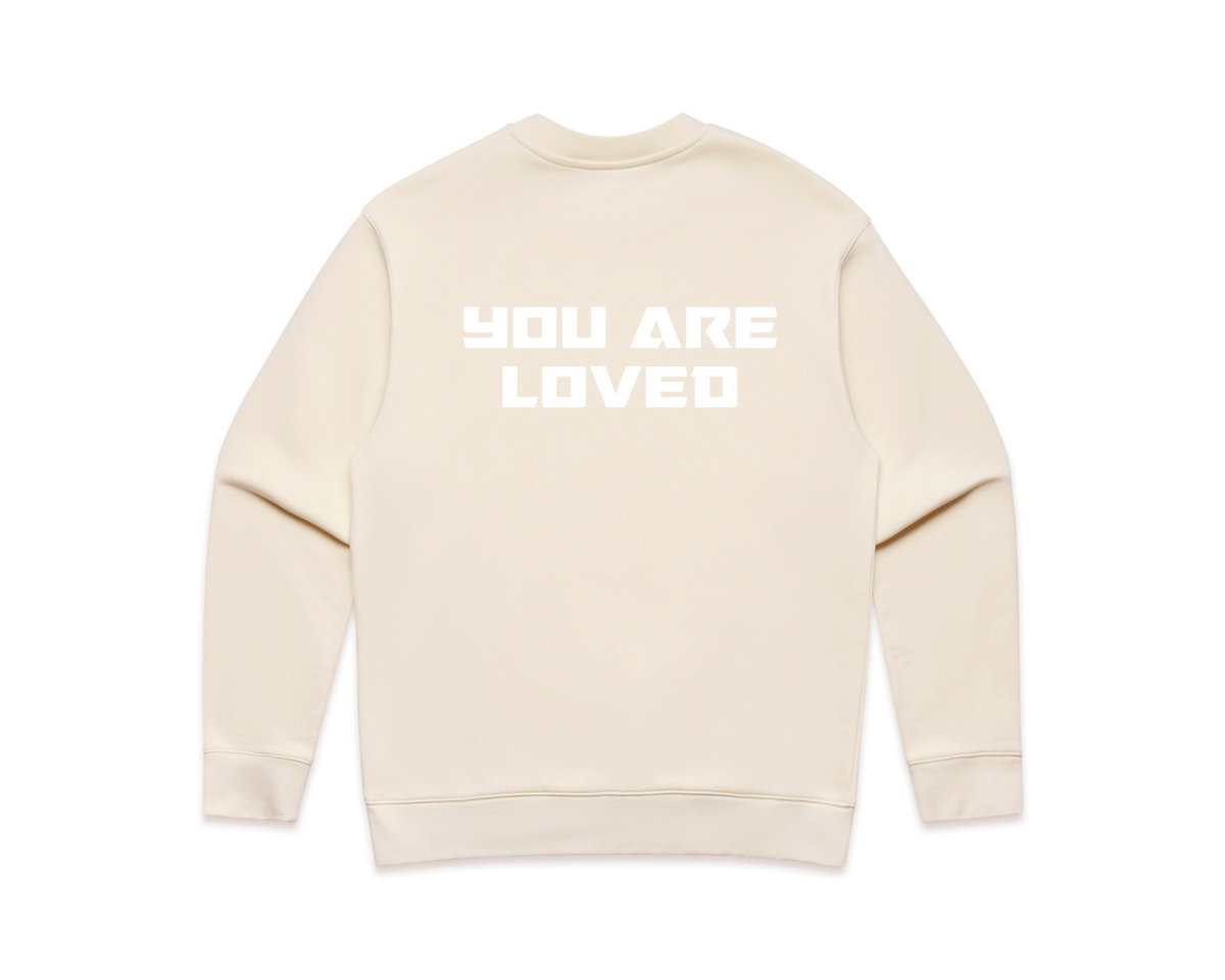DMROZE LIGHT COLOURED MEN'S light beige crew neck sweatshirt with ribbed cuffs and a bold white printed message 'YOU ARE LOVED' on the back