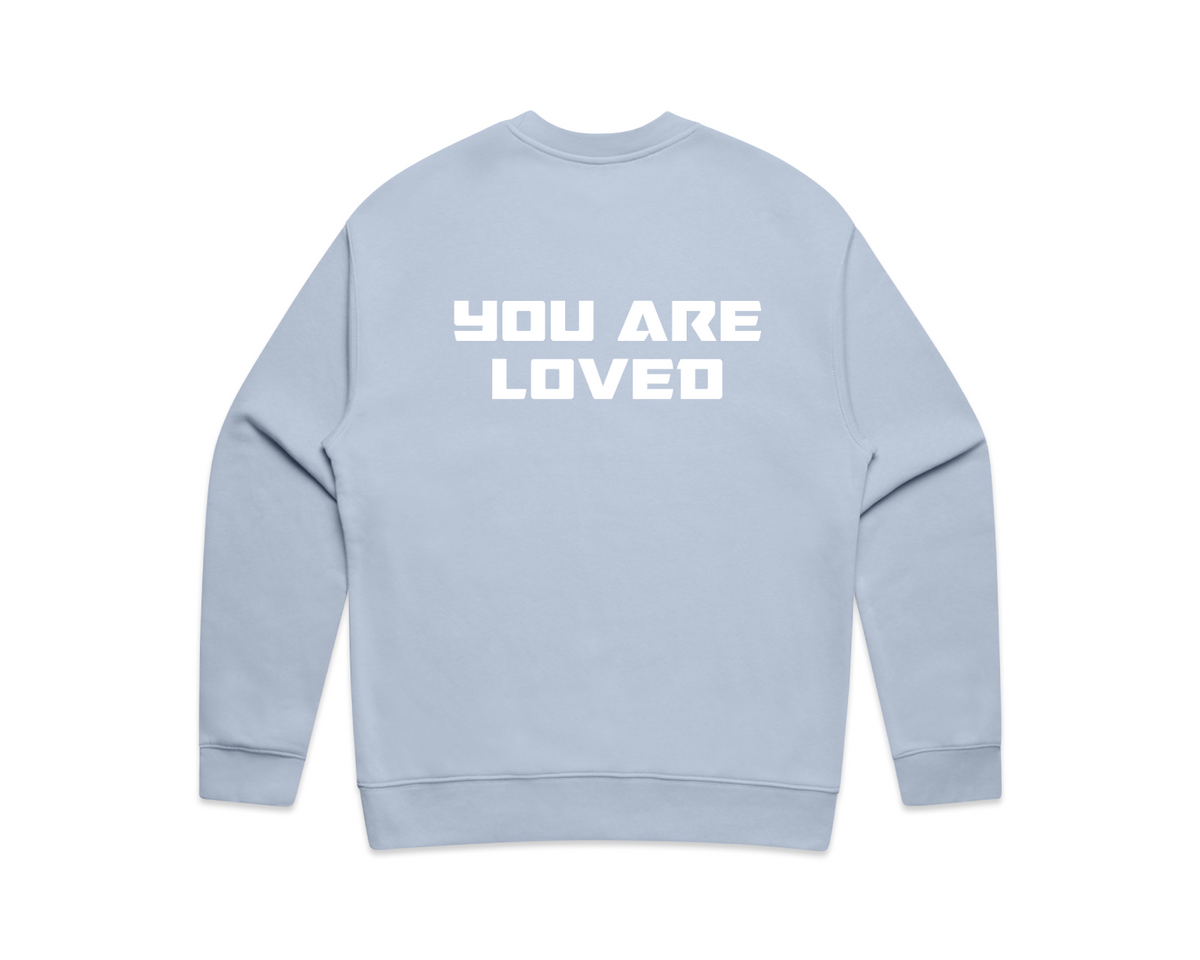 DMROZE LIGHT COLOURED MEN'S light blue fleece crew neck sweatshirt with bold white printed text saying YOU ARE LOVED on the back