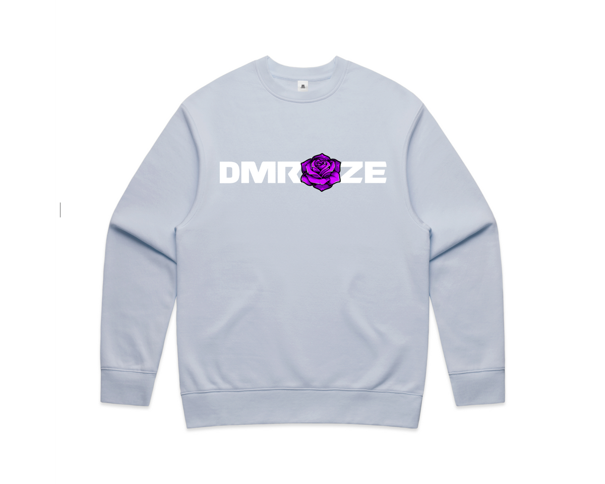 DMROZE LIGHT COLOURED MEN'S light blue crew neck sweatshirt with bold white logo and purple rose print on chest