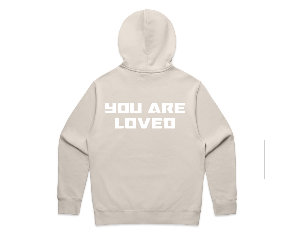 DMROZE MEN'S HOODED TRACK SUITS beige pullover hoodie with a back print reading “YOU ARE LOVED”