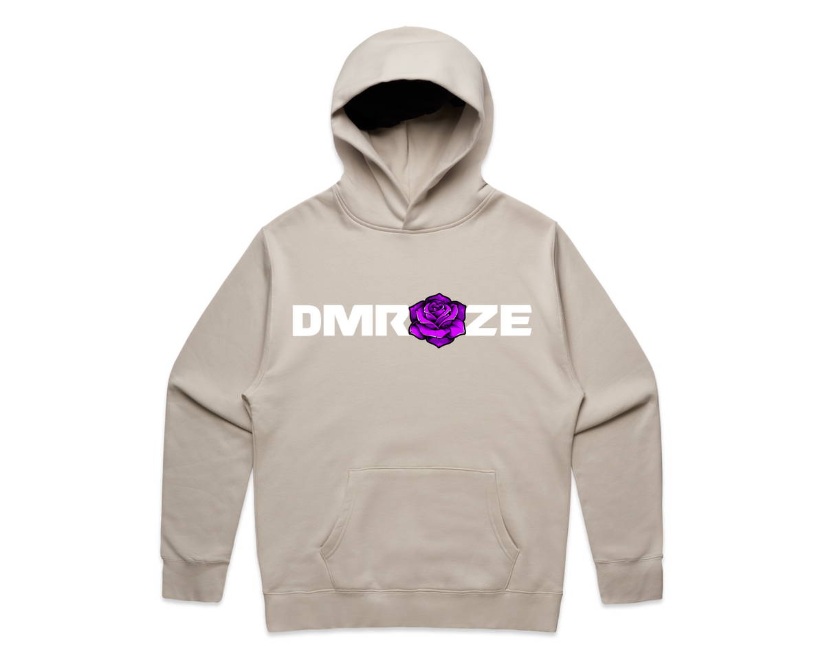 DMROZE MEN'S HOODED TRACK SUITS hoodie in beige fleece with a kangaroo pocket and white chest logo featuring a purple rose