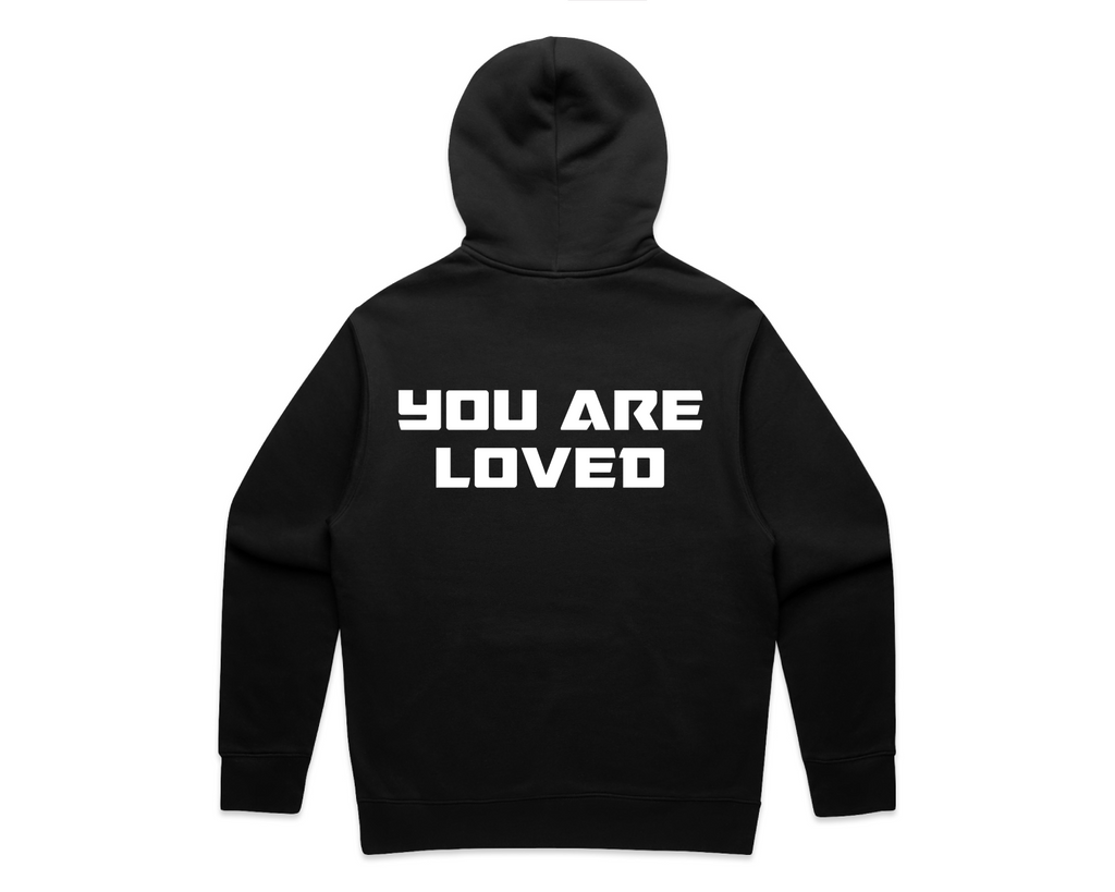 DMROZE MEN'S HOODED TRACK SUITS black pullover hoodie shown from the back with bold white YOU ARE LOVED lettering