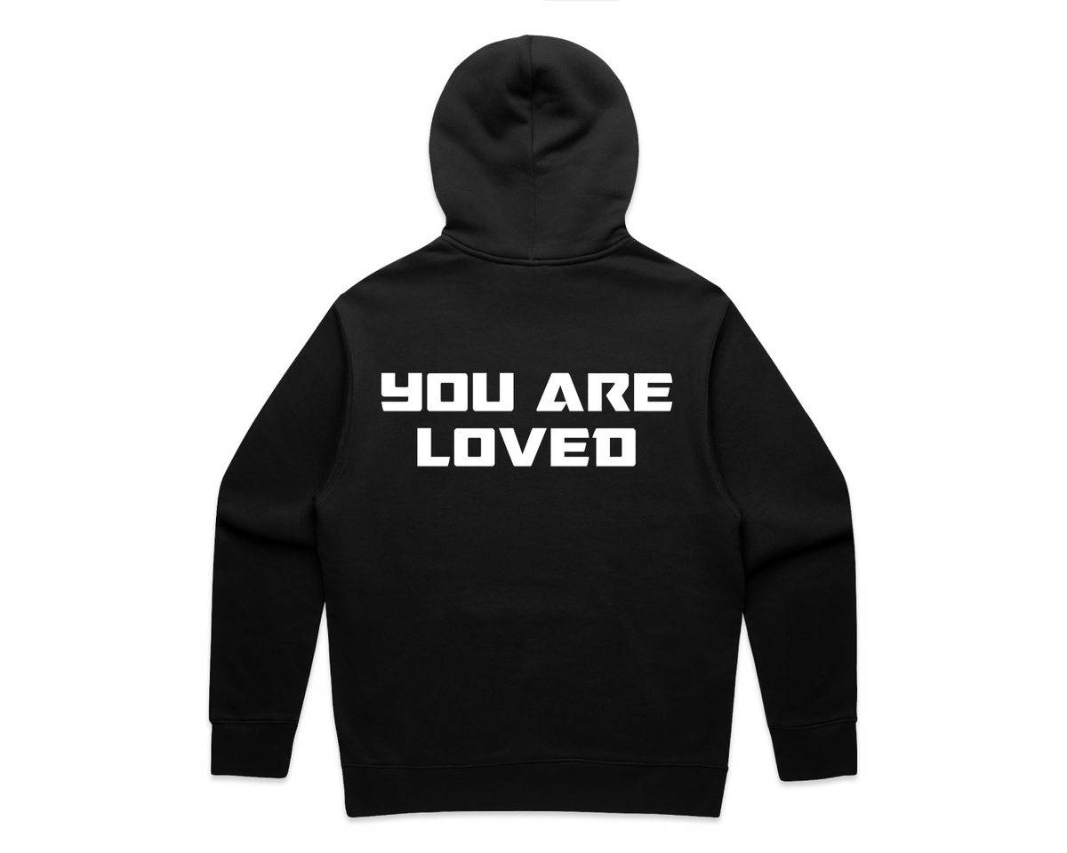 DMROZE MEN'S HOODED TRACK SUITS black pullover hoodie shown from the back with bold white YOU ARE LOVED lettering