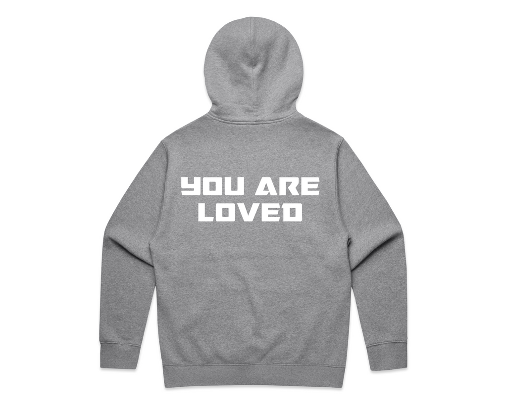 DMROZE MEN'S HOODED TRACK SUITS feature a grey fleece hoodie with a back print reading “YOU ARE LOVED”