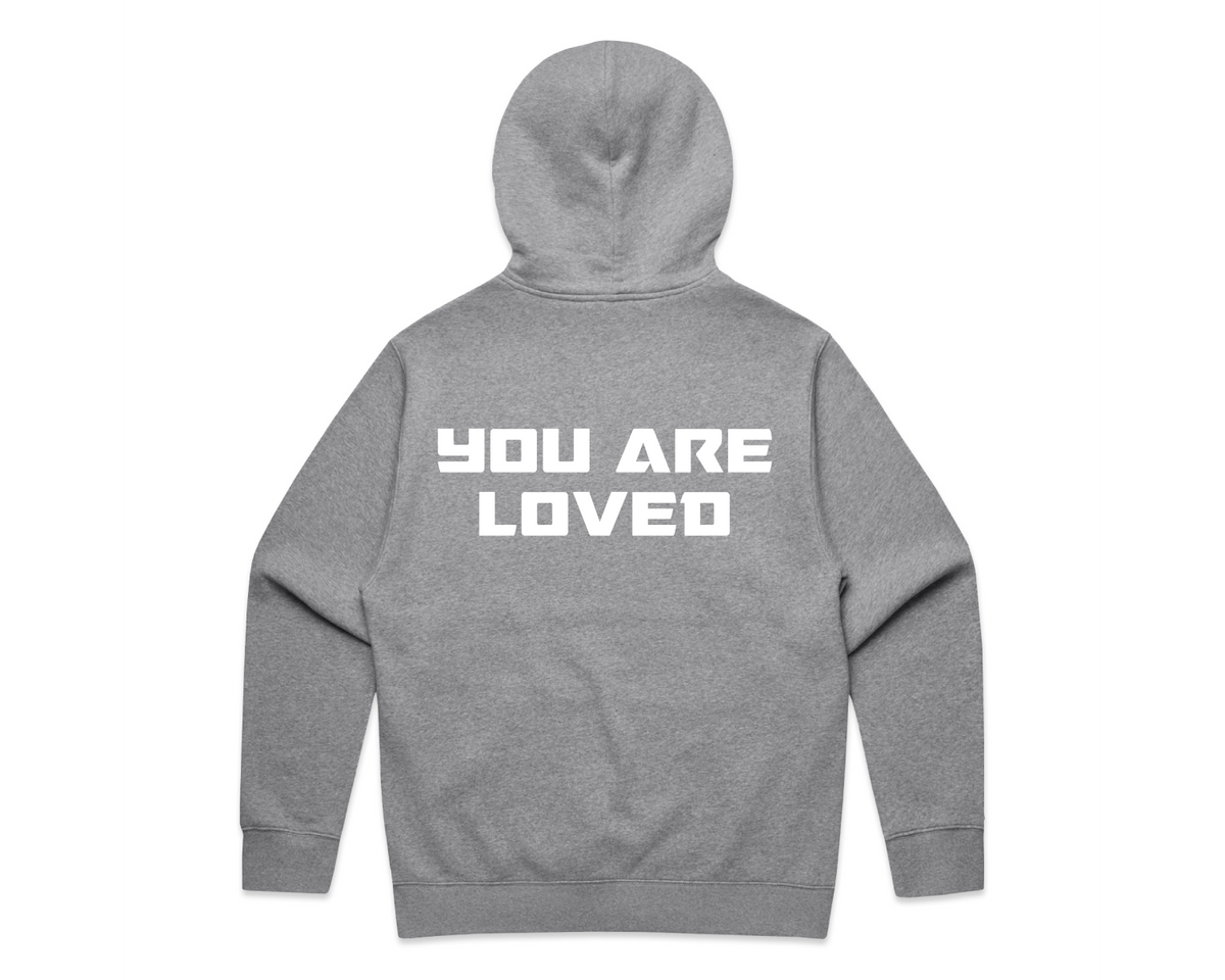 DMROZE MEN'S HOODED TRACK SUITS feature a grey fleece hoodie with a back print reading “YOU ARE LOVED”