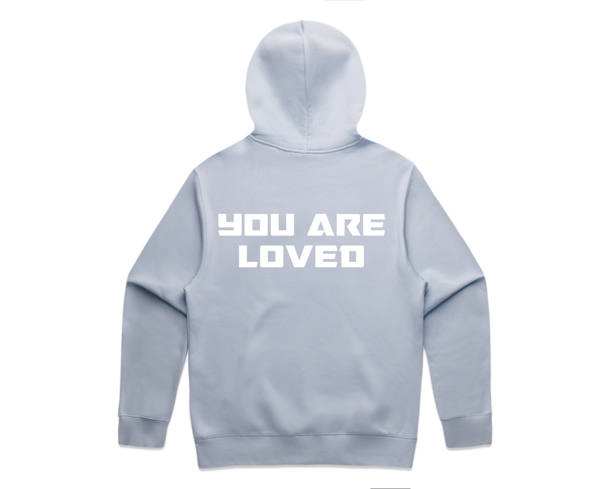 DMROZE MEN'S HOODED TRACK SUITS light blue hoodie with a white “YOU ARE LOVED” print across the back
