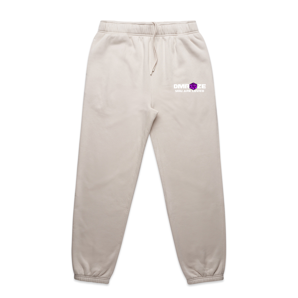 DMROZE MEN'S HOODED TRACK SUITS include light beige fleece track pants with a drawstring waist, cuffed hems and logo
