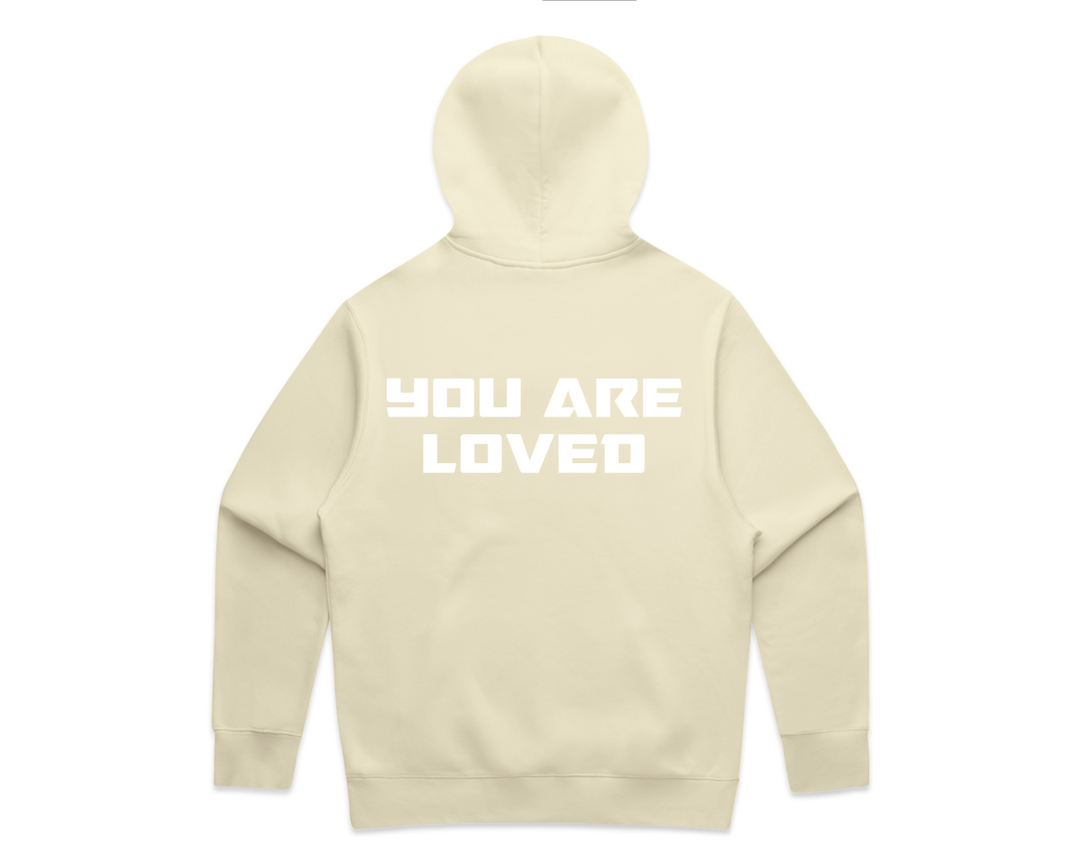 DMROZE MEN'S HOODED TRACK SUITS beige pullover hoodie with a hood and bold white “YOU ARE LOVED” back print