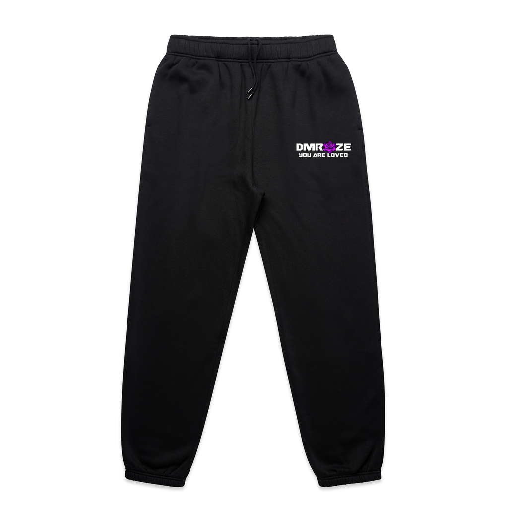 DMROZE MEN'S HOODED TRACK SUITS black fleece track pants with elastic cuffs, drawstring waist and small logo