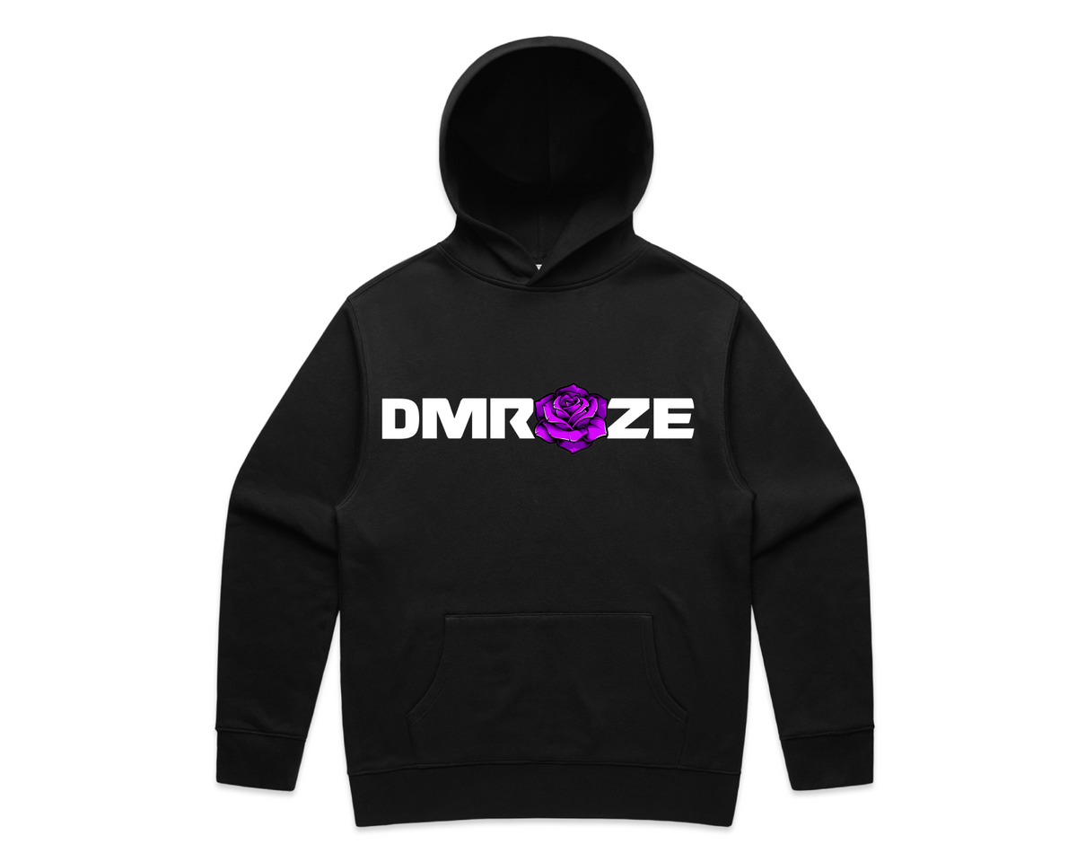 DMROZE MEN'S HOODED TRACK SUITS black fleece hoodie with a pullover hood, kangaroo pocket, and white logo with purple rose