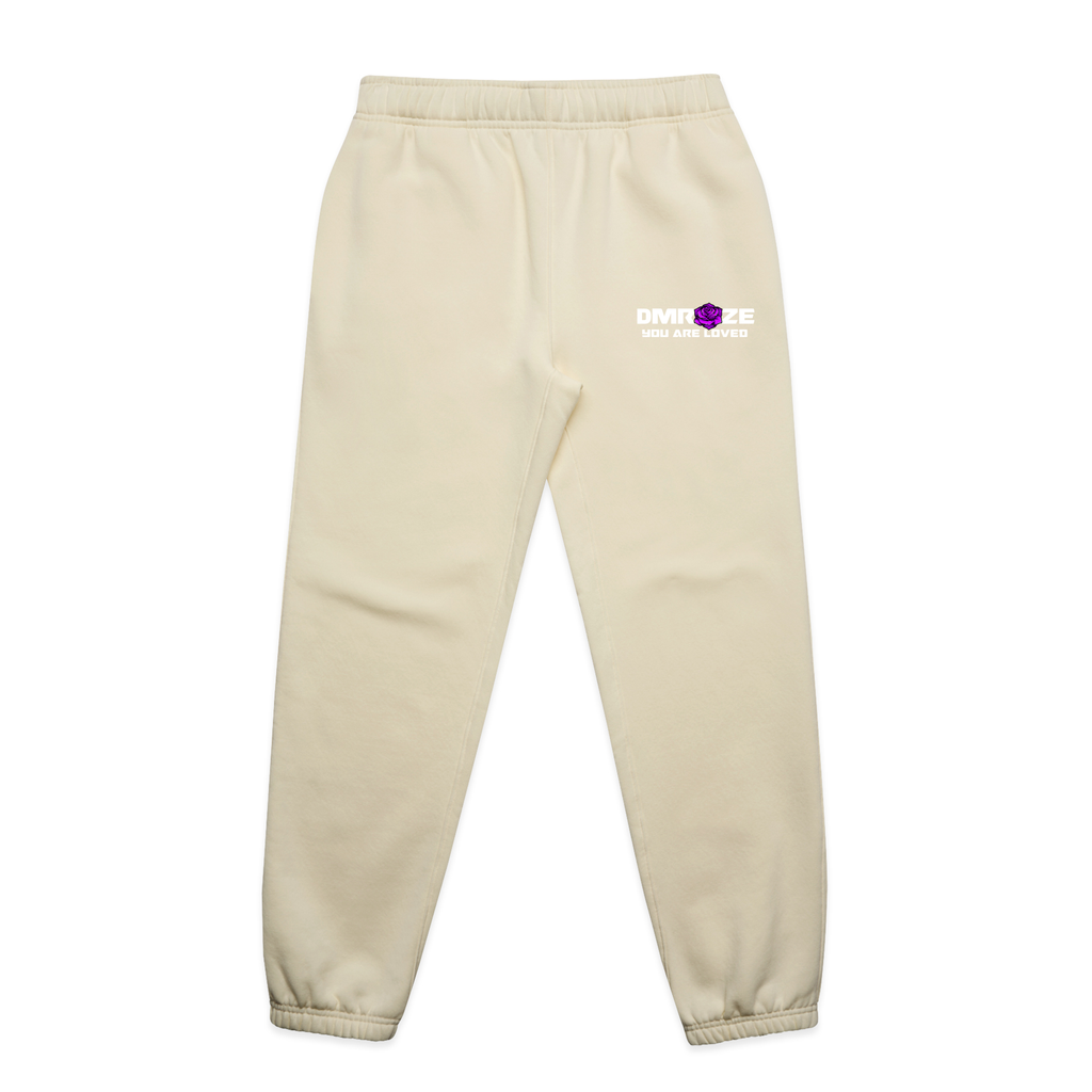 DMROZE MEN'S HOODED TRACK SUITS in cream fleece, showing elasticated cuffs and waistband with a small logo print