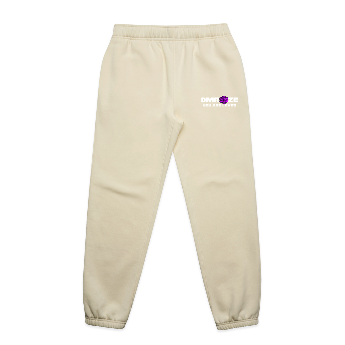 DMROZE MEN'S HOODED TRACK SUITS in cream fleece, showing elasticated cuffs and waistband with a small logo print