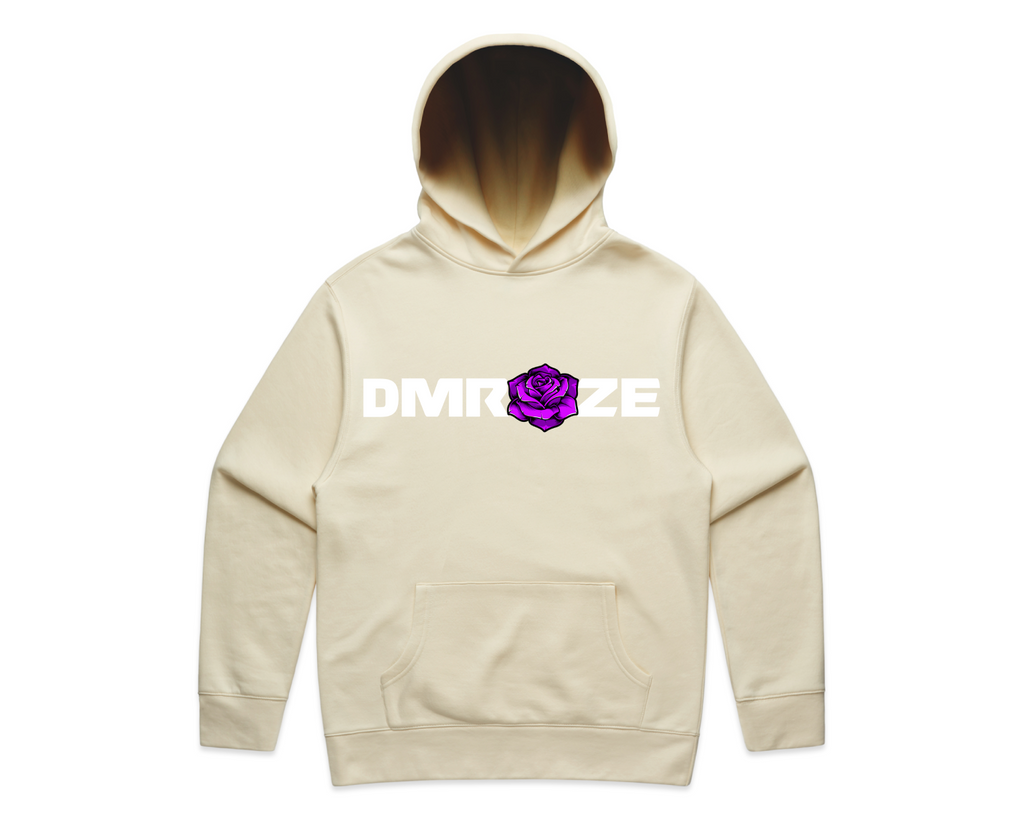DMROZE MEN'S HOODED TRACK SUITS featuring a cream pullover hoodie with a kangaroo pocket and white logo with purple rose