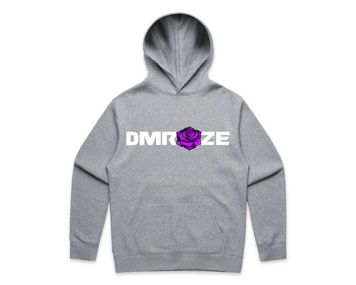 DMROZE MEN'S HOODED TRACK SUITS grey pullover hoodie in fleece with kangaroo pocket and white chest logo with purple rose