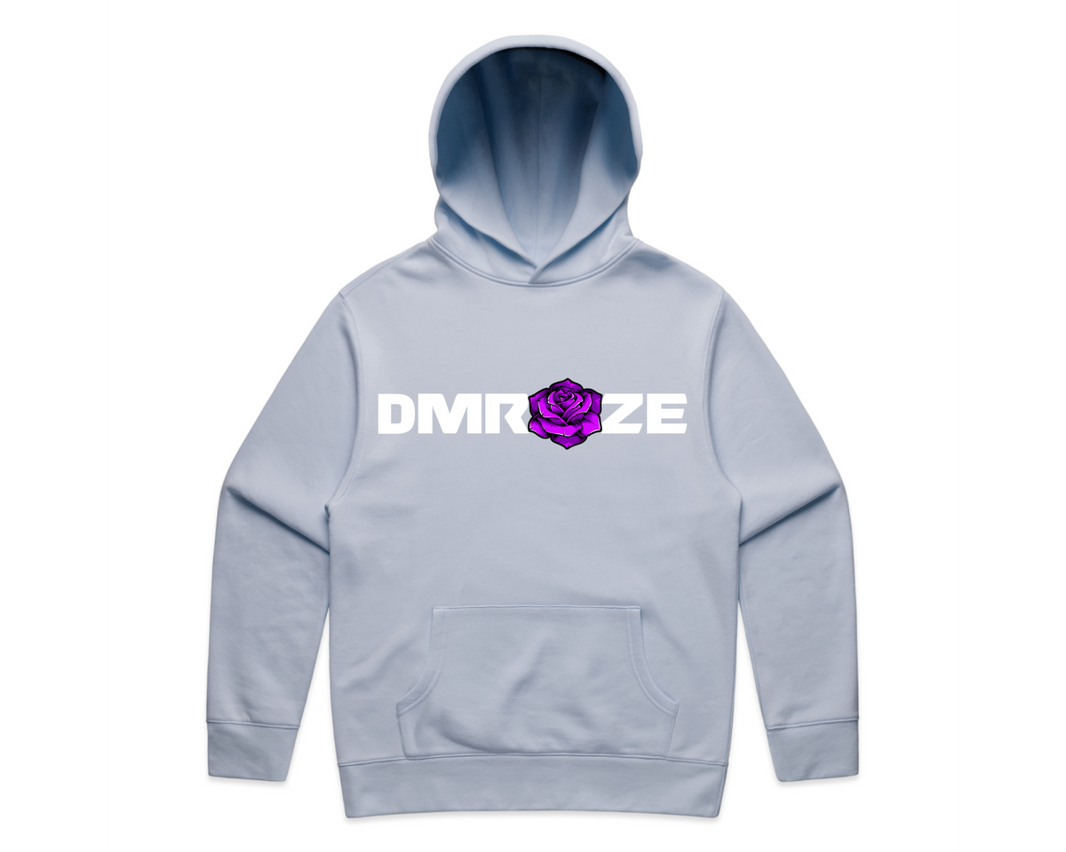 DMROZE MEN'S HOODED TRACK SUITS in light blue fleece, featuring a pullover hood, kangaroo pocket and white logo with purple rose