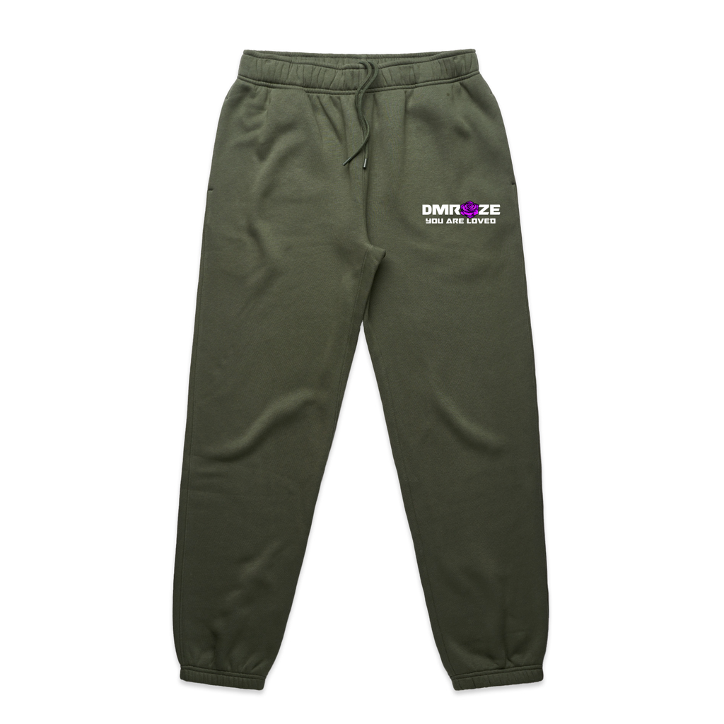 DMROZE MEN'S HOODED TRACK SUITS olive green fleece track pants with elastic cuffs, drawstring waist, and logo