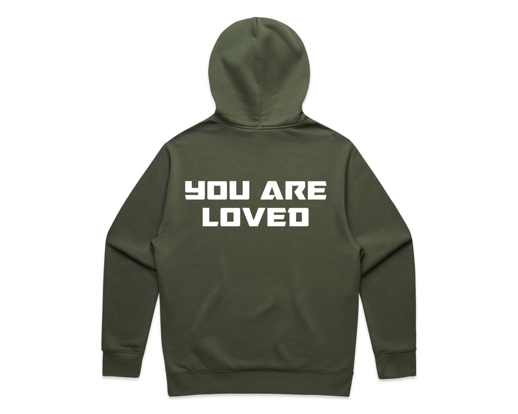 DMROZE MEN'S HOODED TRACK SUITS olive green fleece hoodie with bold white “YOU ARE LOVED” back print