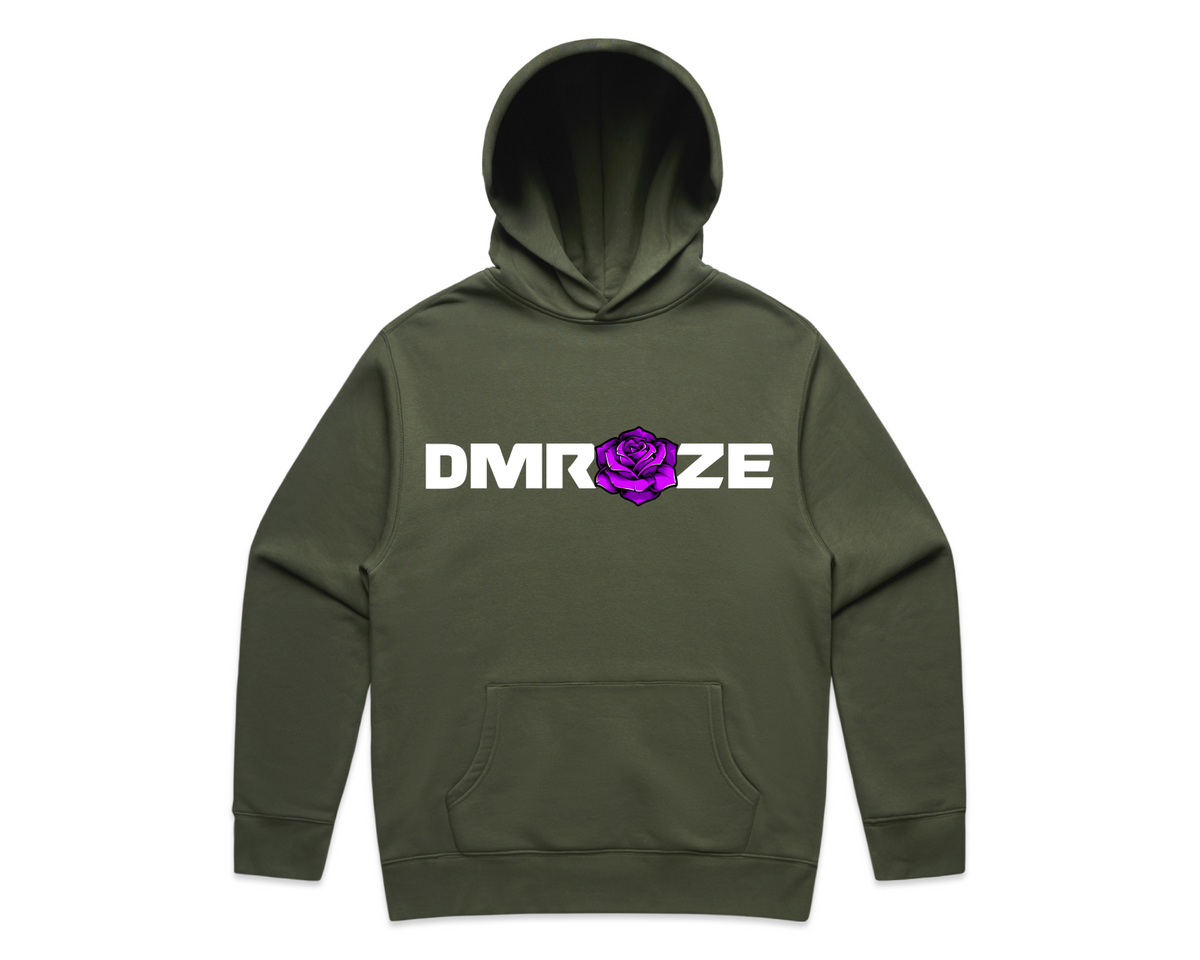 DMROZE MEN'S HOODED TRACK SUITS featuring a dark olive pullover hoodie with a kangaroo pocket and white logo with purple rose