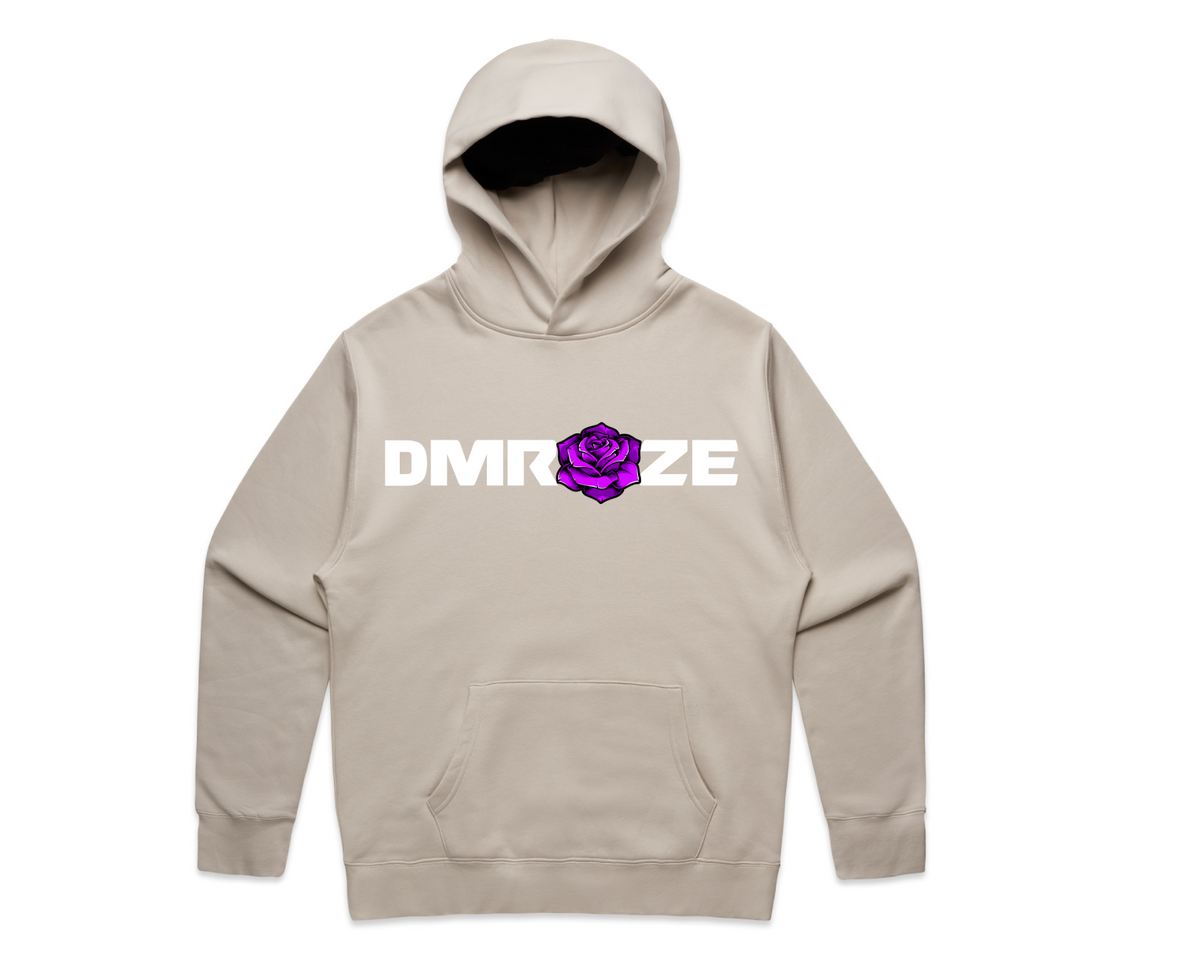 DMROZE MEN'S LIGHT COLOURED PRINTED HOODIES beige pullover hoodie with purple rose graphic and white logo on front