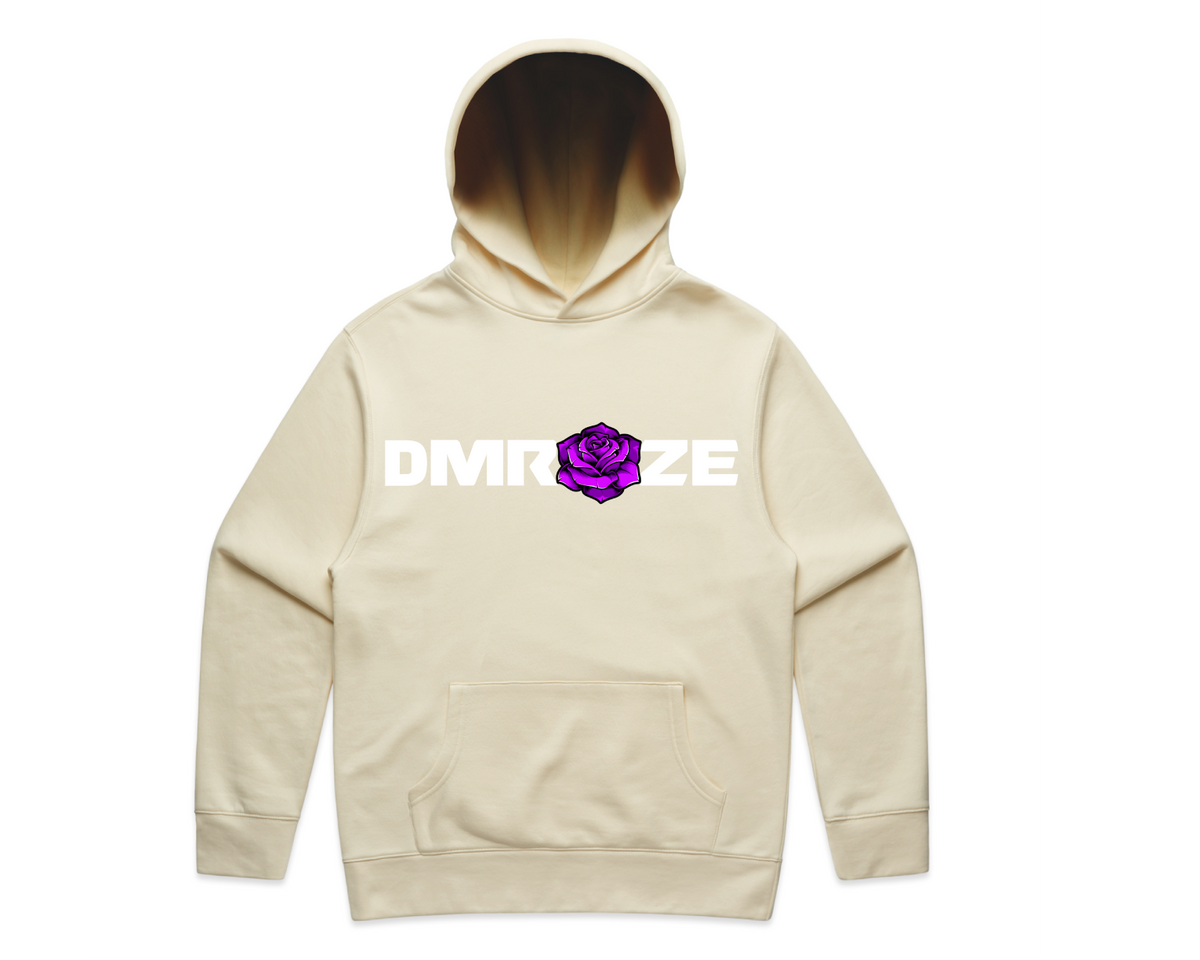 DMROZE MEN'S LIGHT COLOURED PRINTED HOODIES beige pullover hoodie with white text and purple rose graphic on front, kangaroo pocket