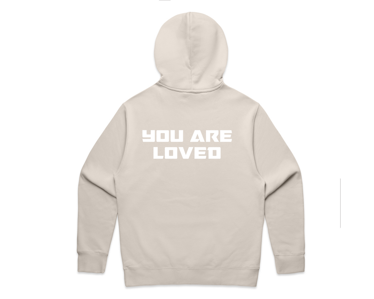 DMROZE MEN'S LIGHT COLOURED PRINTED HOODIES beige pullover hoodie with white printed text 'YOU ARE LOVED' on back, ribbed cuffs and hood