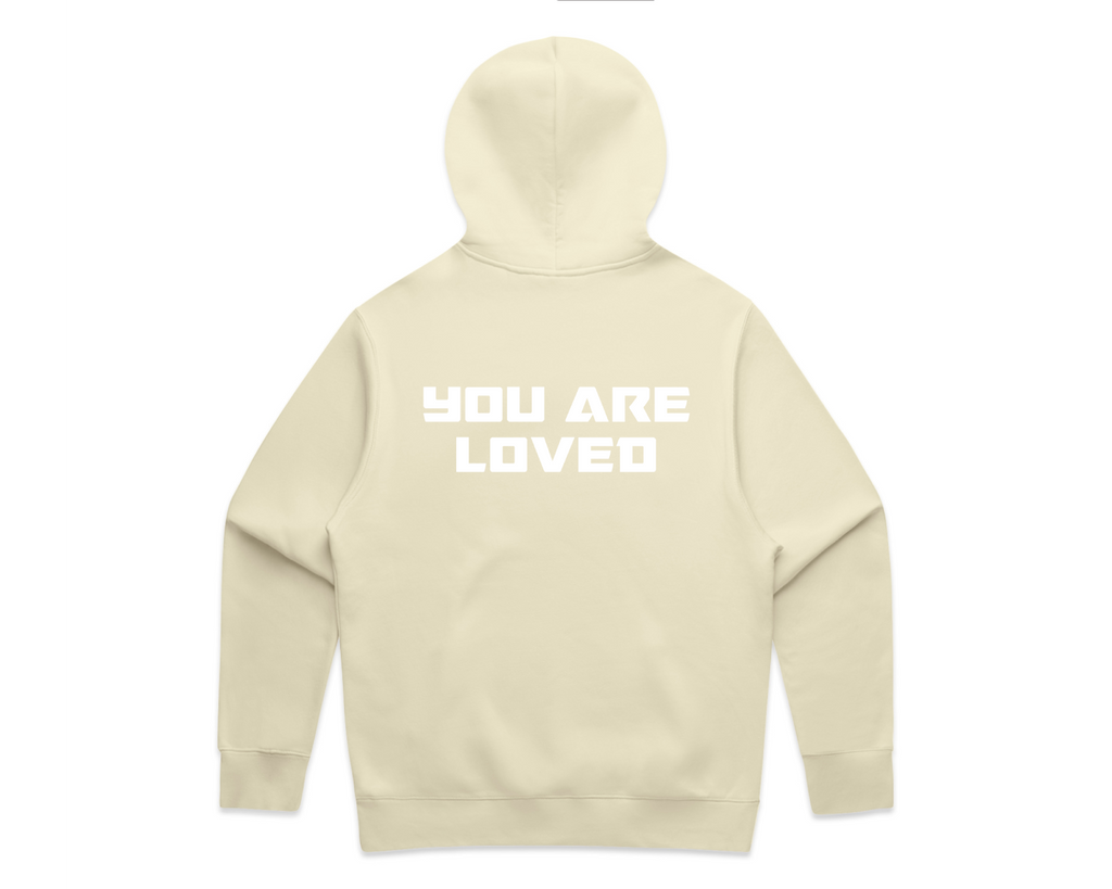 DMROZE MEN'S LIGHT COLOURED PRINTED HOODIES featuring a light beige pullover hoodie with white bold text 'YOU ARE LOVED' printed on the back