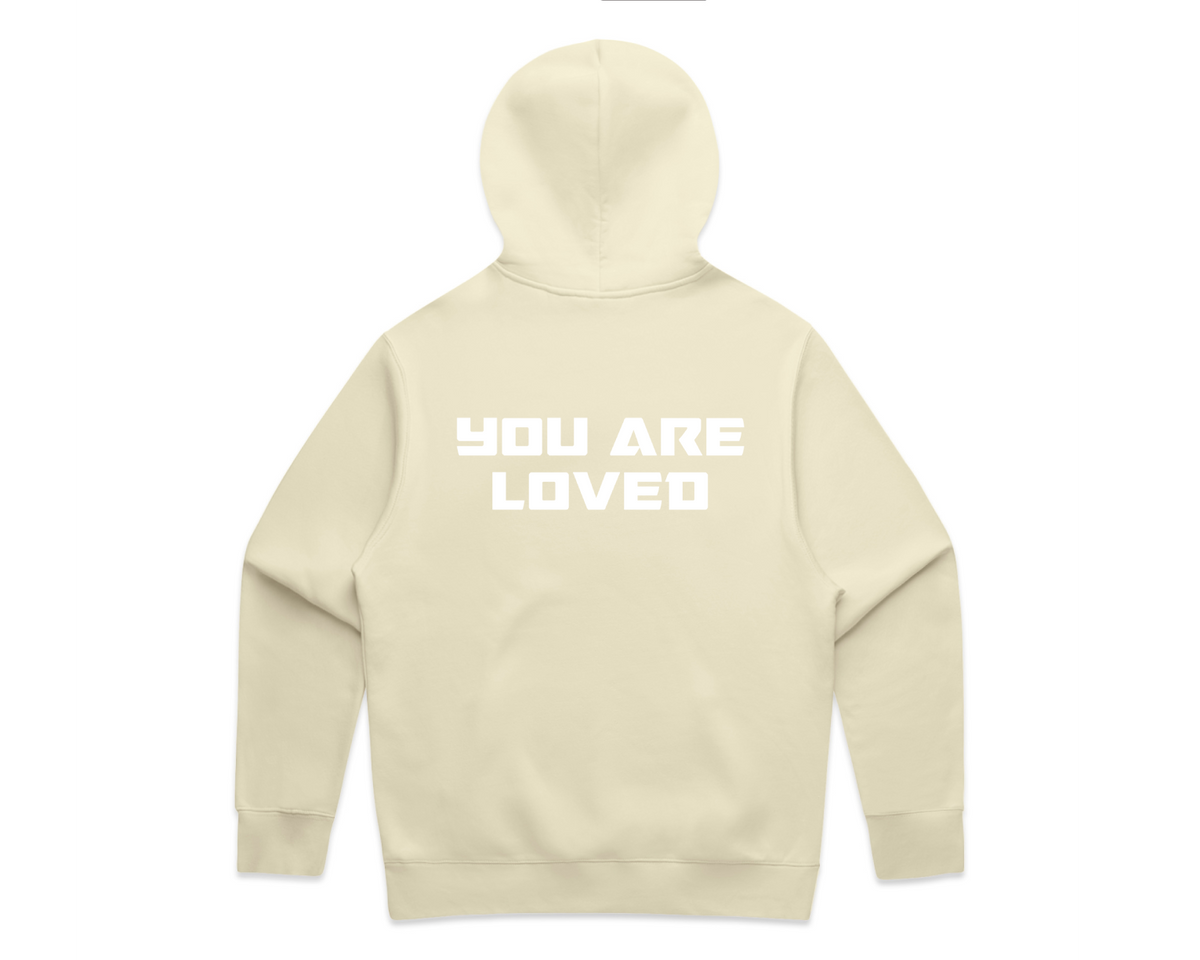 DMROZE MEN'S LIGHT COLOURED PRINTED HOODIES featuring a light beige pullover hoodie with white bold text 'YOU ARE LOVED' printed on the back