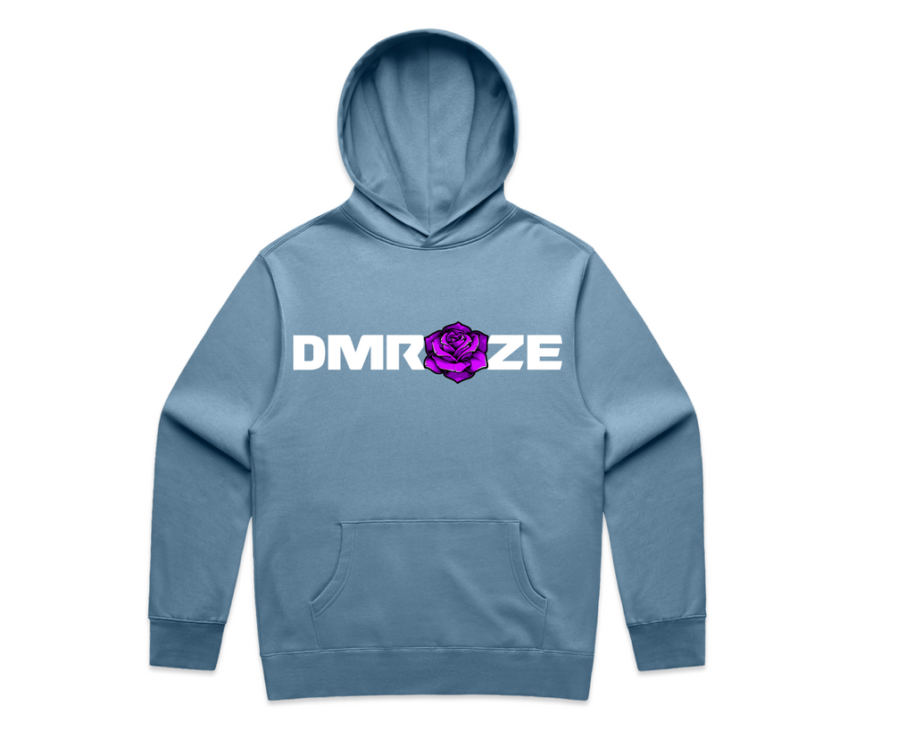 DMROZE MEN'S LIGHT COLOURED PRINTED HOODIES light blue pullover hoodie with white text and purple rose graphic on front, kangaroo pocket