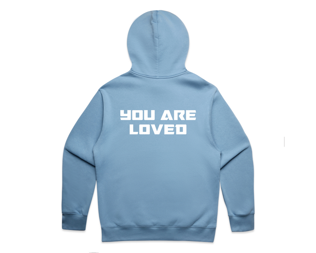 DMROZE MEN'S LIGHT COLOURED PRINTED HOODIES light blue cotton blend pullover hoodie with white printed text 'YOU ARE LOVED' on back