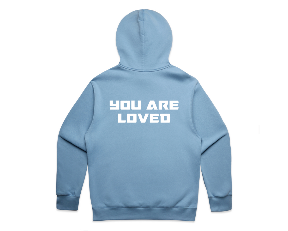 DMROZE MEN'S LIGHT COLOURED PRINTED HOODIES light blue cotton blend pullover hoodie with white printed text 'YOU ARE LOVED' on back