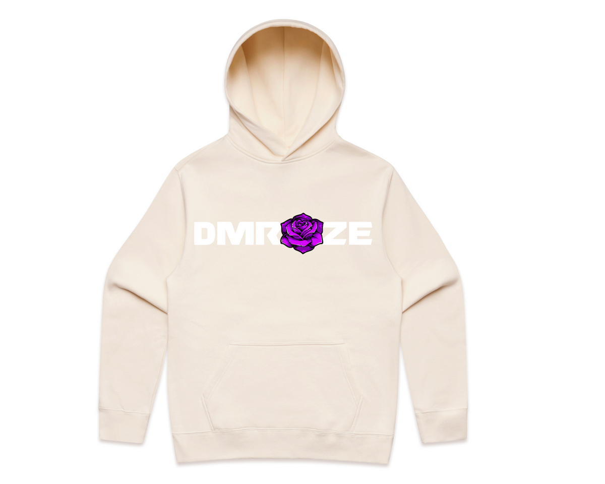 DMROZE MEN'S LIGHT COLOURED PRINTED HOODIES cream pullover hoodie with a purple rose and white DMROZE logo printed on front