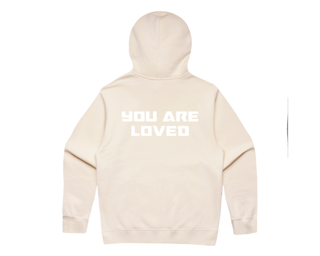 DMROZE MEN'S LIGHT COLOURED PRINTED HOODIES in cream color featuring bold white text 'YOU ARE LOVED' on the back, pullover style with hood and ribbed cuffs