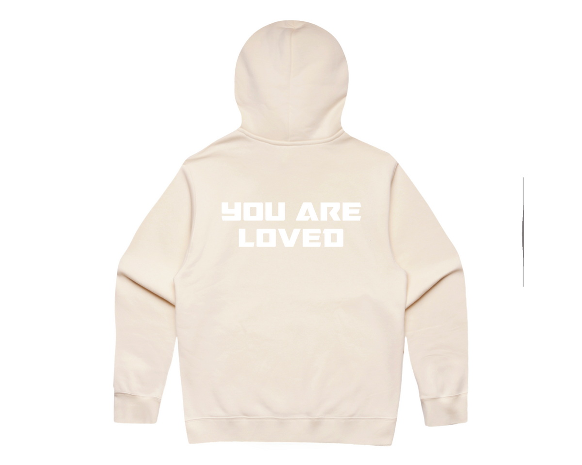 DMROZE MEN'S LIGHT COLOURED PRINTED HOODIES in cream color featuring bold white text 'YOU ARE LOVED' on the back, pullover style with hood and ribbed cuffs