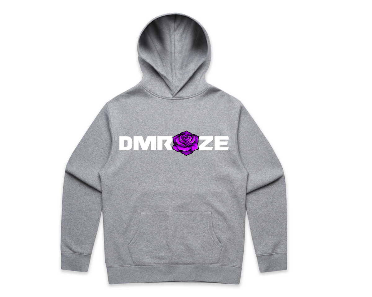DMROZE MEN'S LIGHT COLOURED PRINTED HOODIES grey cotton blend fleece pullover hoodie with white logo and purple rose graphic on front
