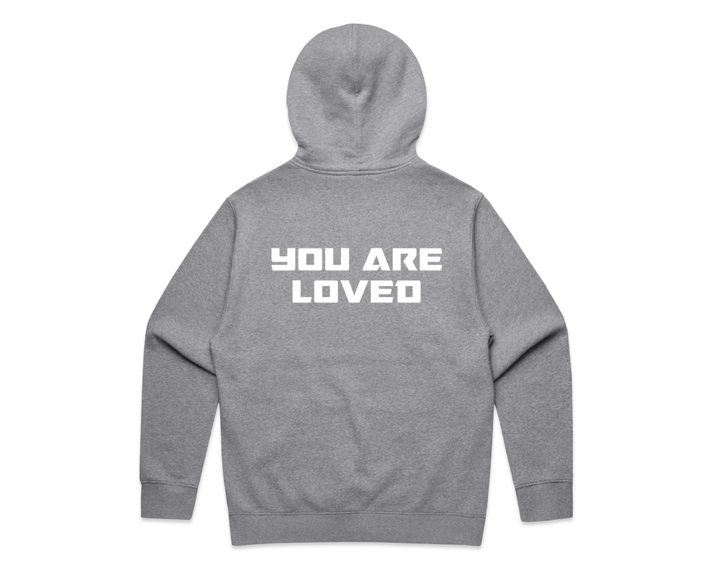 Grey cotton blend pullover hoodie with white printed text 'YOU ARE LOVED' on the back, ribbed cuffs, and a lined hood, a design from DMROZE MEN'S LIGHT COLOURED PRINTED HOODIES collection