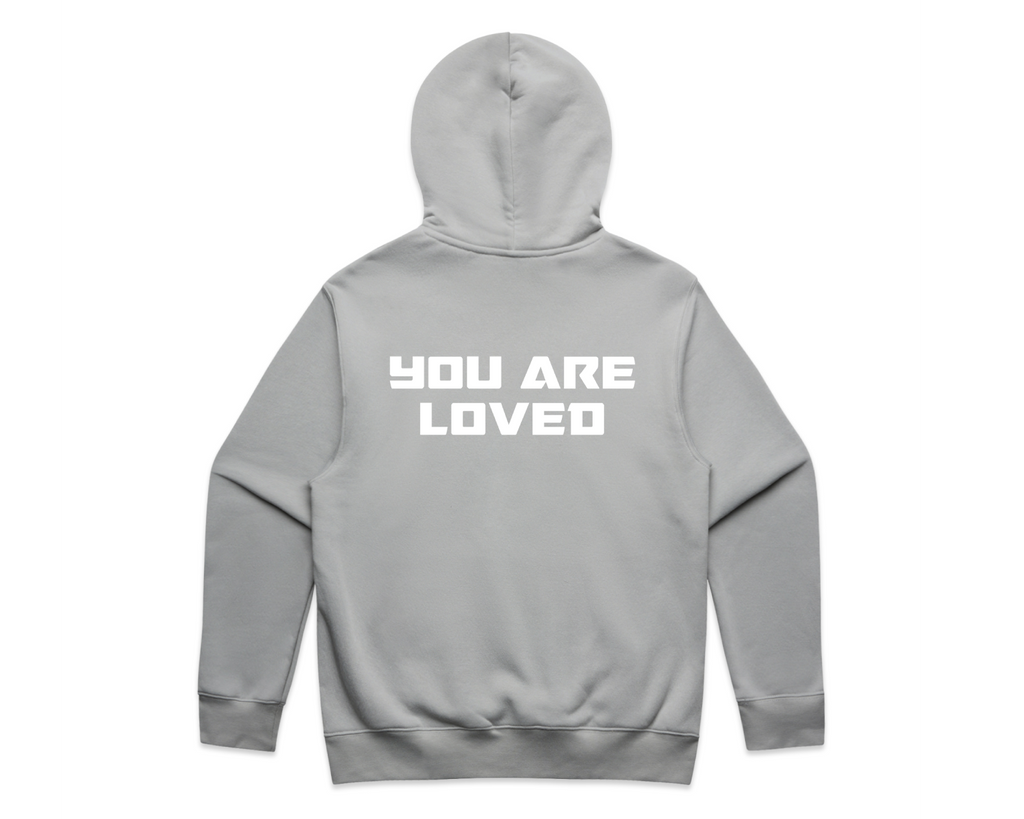 DMROZE MEN'S LIGHT COLOURED PRINTED HOODIES grey pullover hoodie with white bold text 'YOU ARE LOVED' on back, ribbed cuffs, kangaroo pocket